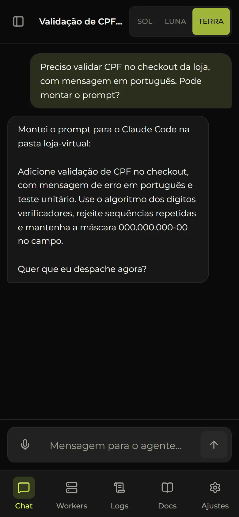Conversa com o agente do Syntax Ops propondo um prompt pronto para revisar