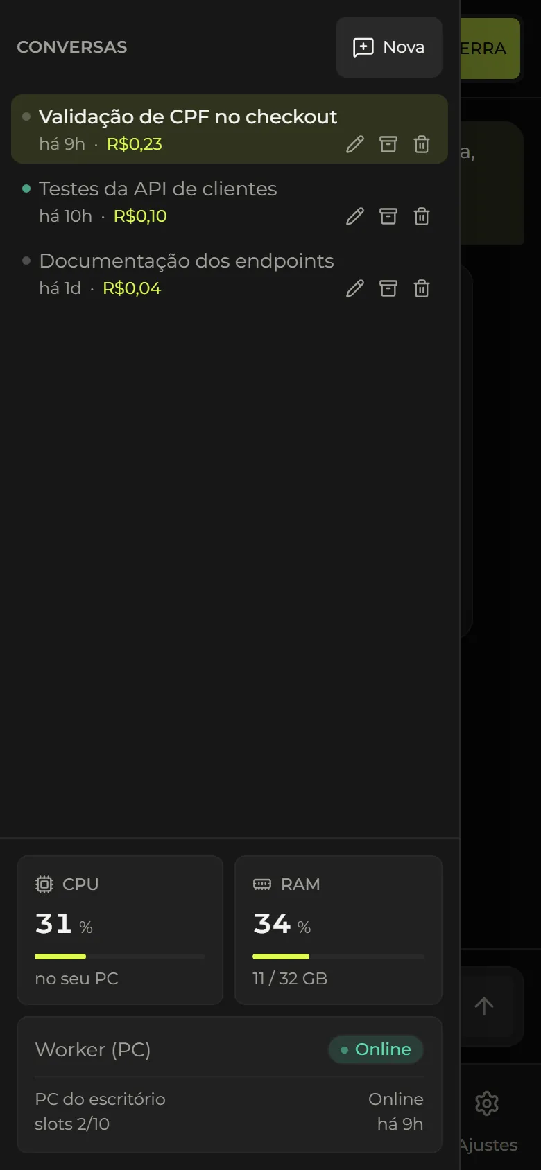 Lista de conversas do Syntax Ops com histórico e custo do agente em reais