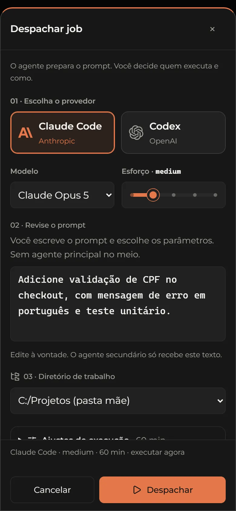 Janela de despacho do Syntax Ops com escolha de Claude Code ou Codex, modelo, esforço e pasta