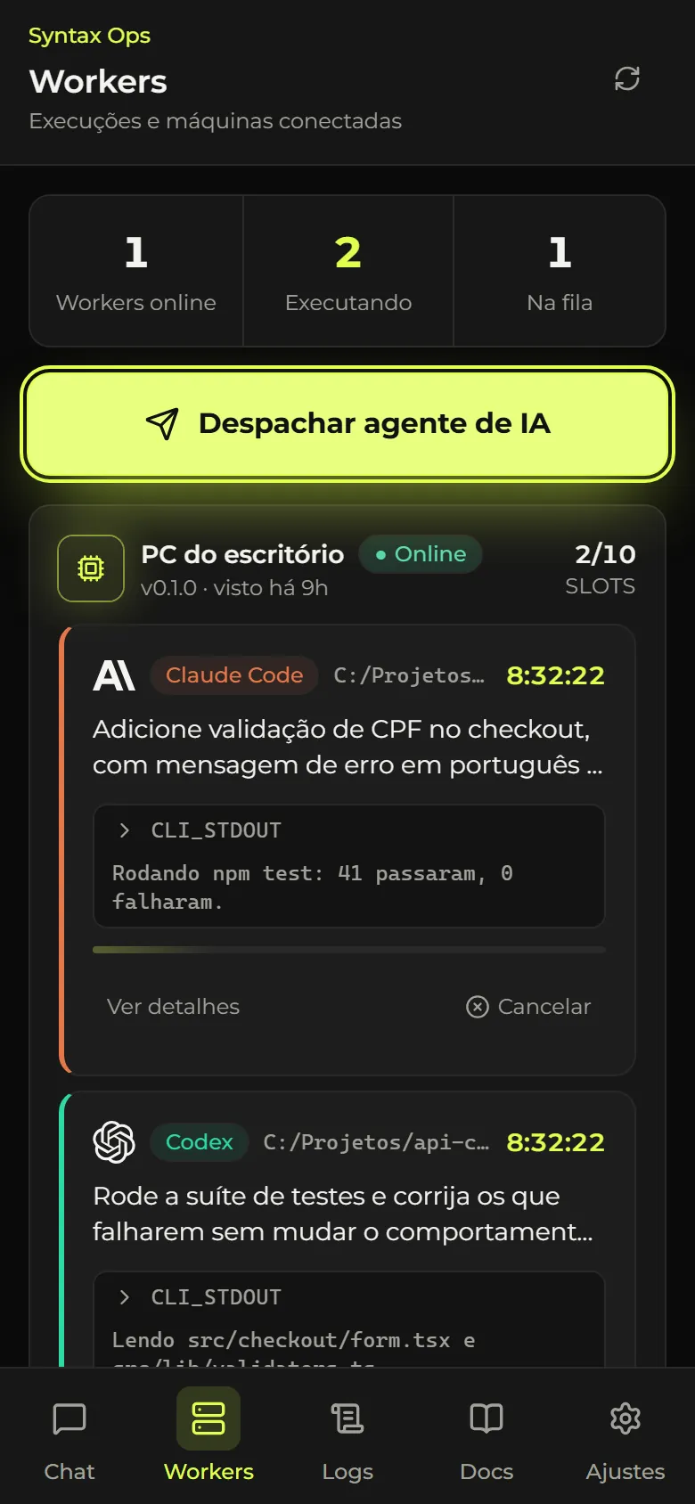 Tarefa em execução no Syntax Ops com andamento ao vivo e resumo em linguagem simples